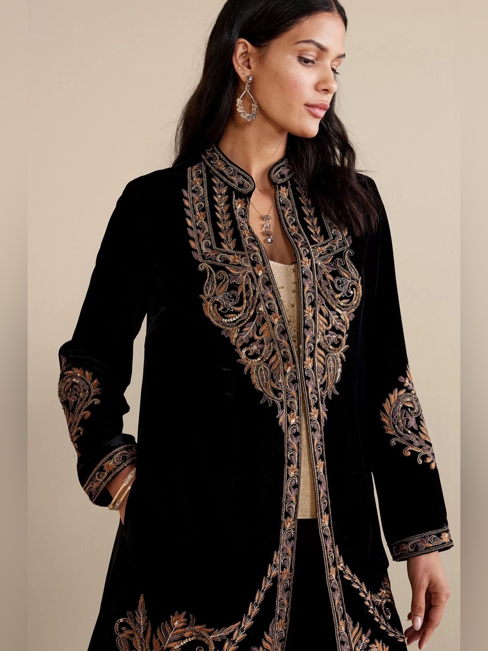Soft Surroundings Belcastel Black Velvet Embroidered Beaded Jacket PS Small